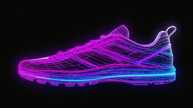 Neon-lit, wireframe running shoe