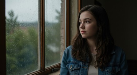 Pensive Young Woman Gazing Out Window on Rainy Day, Wearing Denim Jacket