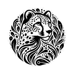 Stylized Black and White Cheetah Portrait with Floral Accents.