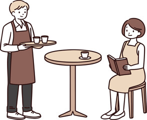 Waiter serving coffee to woman reading book vector