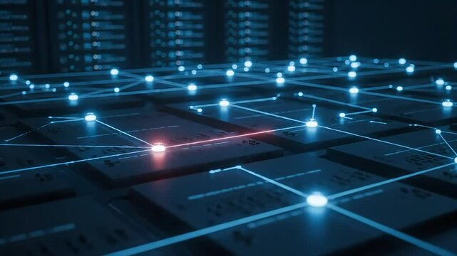Glowing blue and red data network connections on a circuit board in a server farm. Futuristic technology and artificial intelligence concept for 2025.