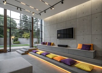 This stunning image captures a luxurious interior, highlighting its minimalist design, comfortable multi-level seating, and seamless integration with the natural outdoor environment