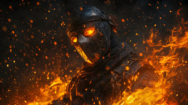 A figure in dark clothing stands amidst flames with glowing eyes.