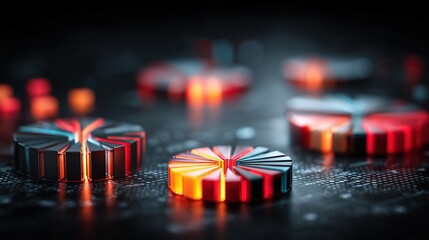 Abstract 3D Pie Charts Glowing In Dark Background
