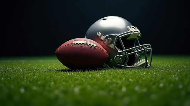 Close-up of American football helmet and ball lying on green turf