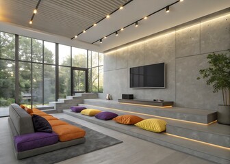 Interior design, luxury real estate, home theater systems, modern architecture, smart homes, or imagery for comfort, entertainment, and spacious living.