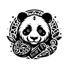 Stylized Black and White Panda with Tribal Designs.
