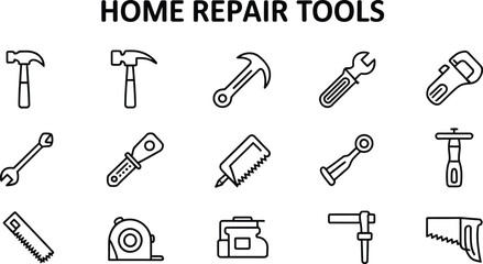 Fototapeta premium Line art illustration showing a variety of home repair tools on a light background