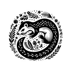 Stylized Black Badger Illustration with Floral Elements.