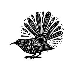 Stylized Black Bird with Elaborate Tail Feathers.