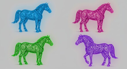 Four colorful horses in profile view