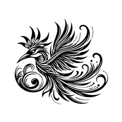 Stylized Black Bird with Flowing Feathers and Swirls.