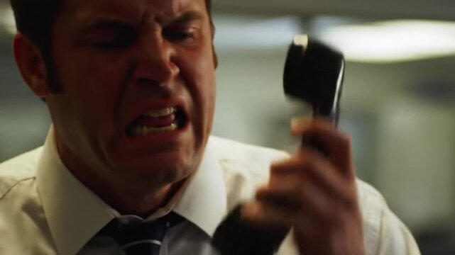 Intense Businessman Yelling Angrily on Phone in Office High-Stress Business Call Drama.