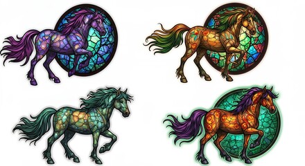 Four colorful stained glass horses