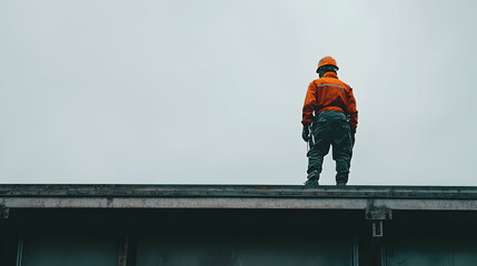 Construction worker on a rooftop under a cloudy sky.