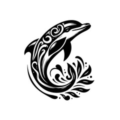 Stylized Black Dolphin with Swirling Water Design.