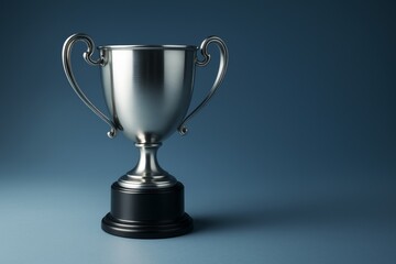 Fototapeta premium Silver trophy cup with elegant handles placed on a smooth surface, illuminated by soft light on a dark blue background. Ai generative.