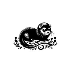 Stylized Black Ferret with Decorative Swirls.