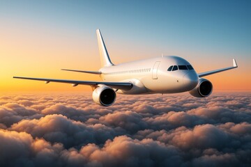 Obraz premium Commercial airplane flying above the clouds at sunrise with warm light and soft sky background, symbolizing travel and business journey.
