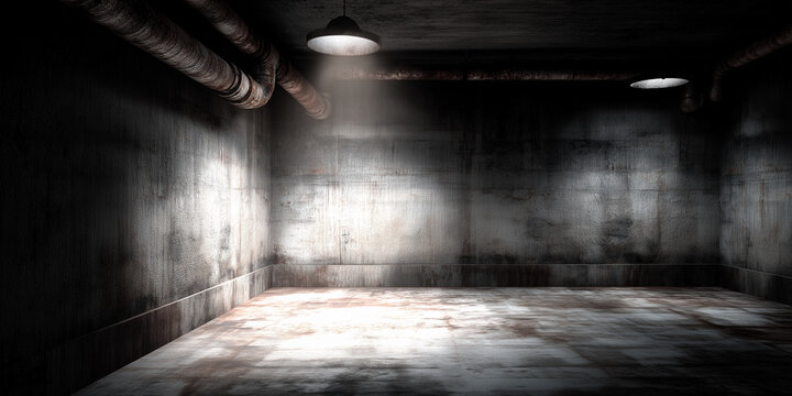 Ein 3D-gerenderter dunkler, schmuddeliger Industriekellerraum mit einer dezenten wei&szlig;en Hintergrundtextur bietet die Kulisse f&uuml;r Fotografie und Bildbearbeitung. Industrie Vintage