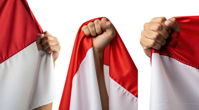 set of Celebrating Indonesian Independence Day or national day, featuring hand holding and grabbing the Indonesian flag, transparent Background.