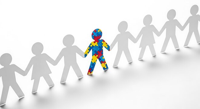 Autism Awareness: Puzzle Piece Person Standing Out in a Paper Chain