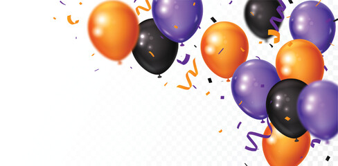 Purple and orange balloons, confetti, celebrations of halloween party flags garland banner and backgrounds