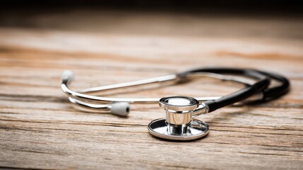 Stethoscope and medical symbol on wooden surface, simple and clean healthcare concept.