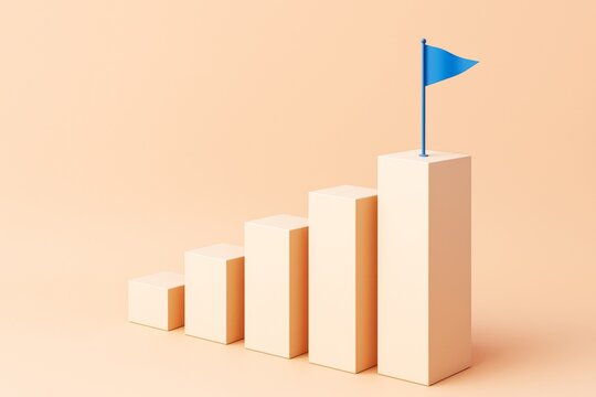 Minimalist business growth chart with blue flag on top of bar, symbolizing success and achievement on light peach background. Ai generative. - Powered by Adobe