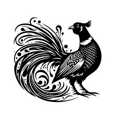 Stylized Black Pheasant Bird Silhouette with Ornate Tail Feathers.