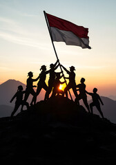 Silhouette of a team of climbers raising the Indonesian flag on a mountain summit at sunrise, symbolizing teamwork and national pride.