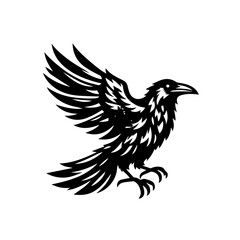 Stylized Black Raven in Flight Silhouette.