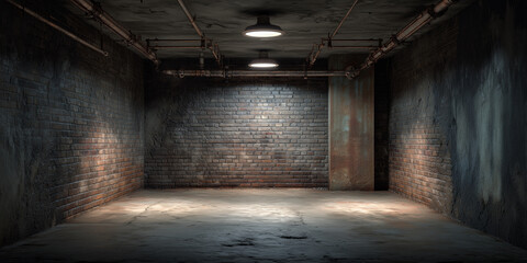 Ein 3D-gerenderter dunkler, schmuddeliger Industriekellerraum mit einer dezenten wei&szlig;en Hintergrundtextur bietet die Kulisse f&uuml;r Fotografie und Bildbearbeitung. Industrie Vintage
