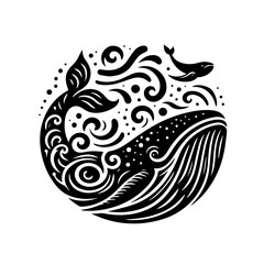 Stylized Black Whale and Dolphin in Circular Design.