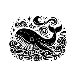 Stylized Black Whale Illustration with Swirling Waves and Stars.
