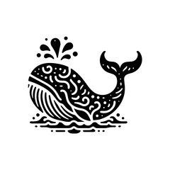 Stylized Black Whale Spouting Water.