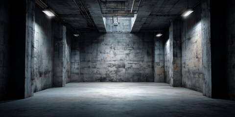 Obraz premium Ein 3D-gerenderter dunkler, schmuddeliger Industriekellerraum mit einer dezenten weißen Hintergrundtextur bietet die Kulisse für Fotografie und Bildbearbeitung. Industrie Vintage