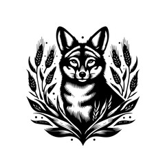Stylized Fox Portrait Surrounded by Wheat Stalks.
