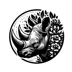 Stylized Rhinoceros Head with Floral Elements.