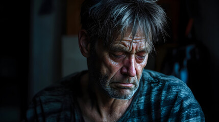 Obraz premium An older man with a weary expression is indoors in a dimly lit setting.