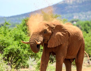 Fototapeta premium Elephant dust bath in savanna