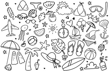 A set of elements doodles summer and vacation. Travel, tropical and exotic plants, globe, cocktail vector icons for banners and posters transparent