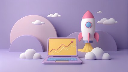 3d illustration of a stylized rocket launching next to a laptop displaying a positive financial growth chart on a pastel purple background