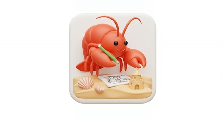 Lobster writing on a beach notepad illustration