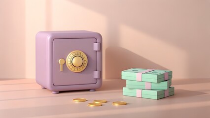 A pastel purple safe sits beside a stack of mint green money bundles and scattered gold coins on a soft pink surface