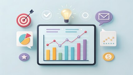 Digital marketing strategy and business growth concept with tablet displaying financial data and icons representing success and communication