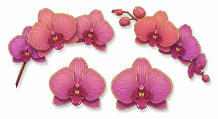 Pink and orange orchid flowers set for design