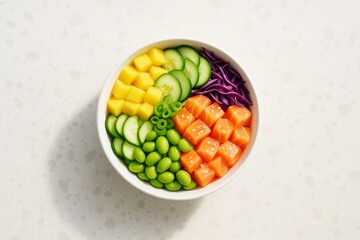 Colorful poke bowl with diced salmon, mango, cucumber, edamame, and cabbage on light stone background. Healthy food concept in top view style. Ai generative