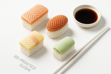 Assorted 3D-printed sushi pieces with geometric toppings and soy sauce bowl on clean white background, showcasing modern food innovation concept. Ai generative