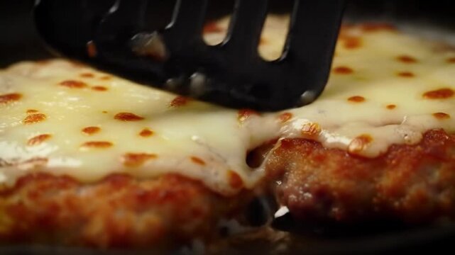 Mouth-watering Golden Fried Cutlet with Melted Bubbly Cheese Sizzling in Pan Delicious Hot Meal.